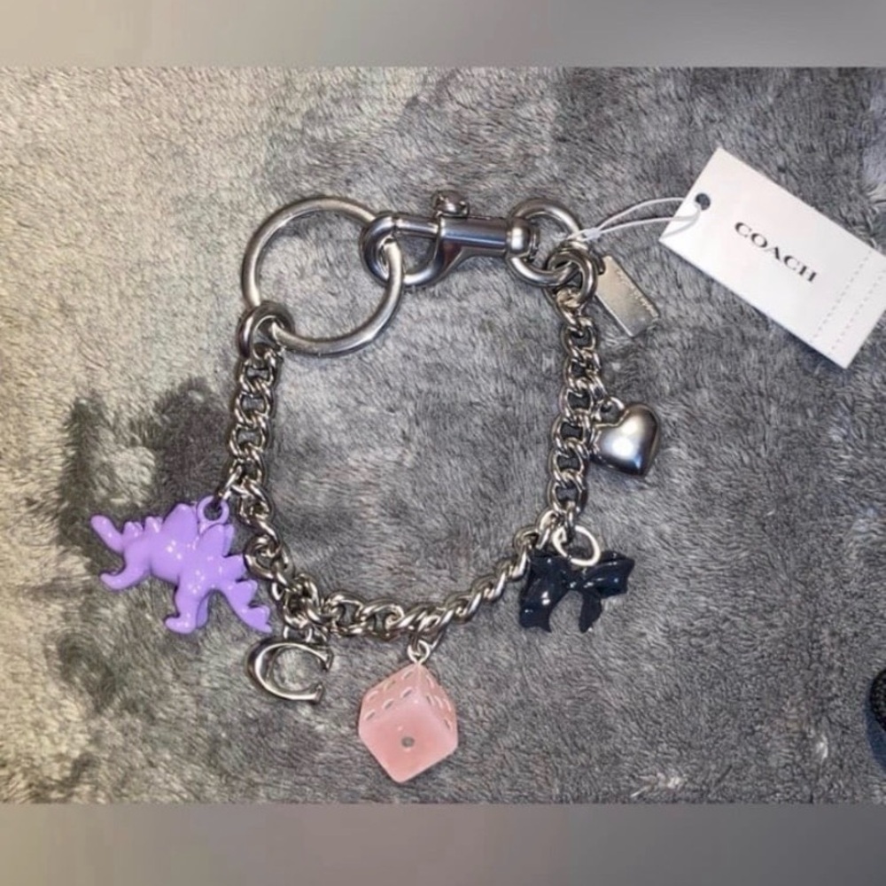 Coach Silver Charm Bracelet with Purple and Pink Accents.